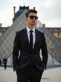 sharp and trendy man in Paris wearing a chic black dress/suit, Louvre pyramid in the background