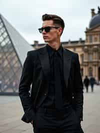 sharp and trendy man in Paris wearing a chic black dress/suit, Louvre pyramid in the background