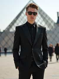 sharp and trendy man in Paris wearing a chic black dress/suit, Louvre pyramid in the background