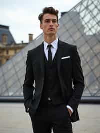 sharp and trendy man in Paris wearing a chic black dress/suit, Louvre pyramid in the background