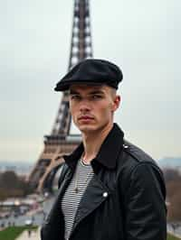 sharp and trendy man in Paris, wearing a beret and striped top, Eiffel Tower in the background