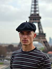 sharp and trendy man in Paris, wearing a beret and striped top, Eiffel Tower in the background