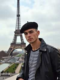 sharp and trendy man in Paris, wearing a beret and striped top, Eiffel Tower in the background