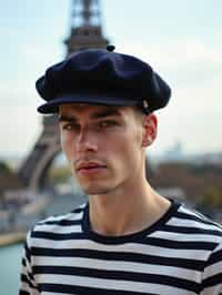 sharp and trendy man in Paris, wearing a beret and striped top, Eiffel Tower in the background