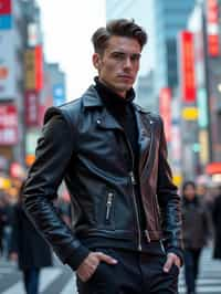 sharp and trendy man in Tokyo wearing a futuristic outfit, Shibuya crossing in the background