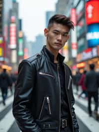 sharp and trendy man in Tokyo wearing a futuristic outfit, Shibuya crossing in the background