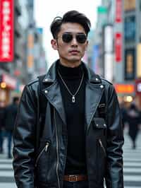 sharp and trendy man in Tokyo wearing a futuristic outfit, Shibuya crossing in the background