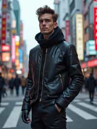 sharp and trendy man in Tokyo wearing a futuristic outfit, Shibuya crossing in the background