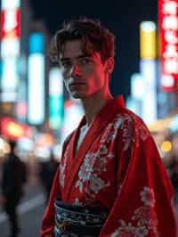 sharp and trendy man in Tokyo wearing a modern take on a traditional kimono, neon lights of the city in the background