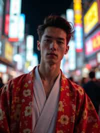 sharp and trendy man in Tokyo wearing a modern take on a traditional kimono, neon lights of the city in the background