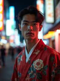 sharp and trendy man in Tokyo wearing a modern take on a traditional kimono, neon lights of the city in the background