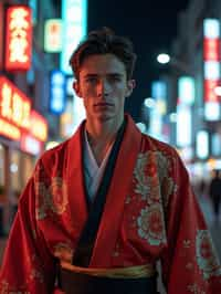 sharp and trendy man in Tokyo wearing a modern take on a traditional kimono, neon lights of the city in the background