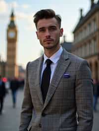 sharp and trendy man in London wearing a checkered suit, Big Ben in the background