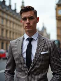 sharp and trendy man in London wearing a checkered suit, Big Ben in the background