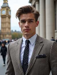 sharp and trendy man in London wearing a checkered suit, Big Ben in the background