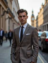 sharp and trendy man in London wearing a checkered suit, Big Ben in the background