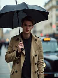 sharp and trendy man in London sporting a trench coat and holding an umbrella, iconic London cab in the background