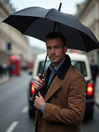 sharp and trendy man in London sporting a trench coat and holding an umbrella, iconic London cab in the background