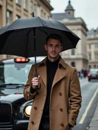 sharp and trendy man in London sporting a trench coat and holding an umbrella, iconic London cab in the background