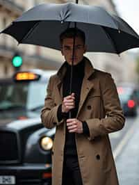 sharp and trendy man in London sporting a trench coat and holding an umbrella, iconic London cab in the background