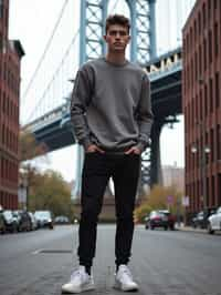 sharp and trendy man in New York City wearing an oversized sweatshirt and high top sneakers, Brooklyn Bridge in the background