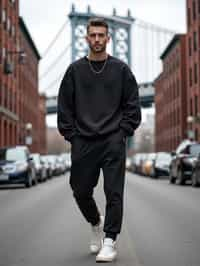 sharp and trendy man in New York City wearing an oversized sweatshirt and high top sneakers, Brooklyn Bridge in the background