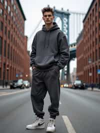 sharp and trendy man in New York City wearing an oversized sweatshirt and high top sneakers, Brooklyn Bridge in the background