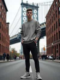 sharp and trendy man in New York City wearing an oversized sweatshirt and high top sneakers, Brooklyn Bridge in the background