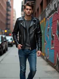 sharp and trendy man in New York City wearing a leather jacket, jeans, and boots with urban graffiti in the background