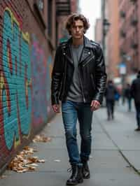 sharp and trendy man in New York City wearing a leather jacket, jeans, and boots with urban graffiti in the background