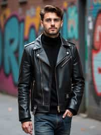 sharp and trendy man in New York City wearing a leather jacket, jeans, and boots with urban graffiti in the background