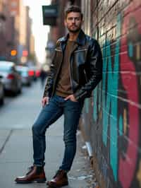 sharp and trendy man in New York City wearing a leather jacket, jeans, and boots with urban graffiti in the background