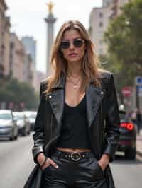 stylish and chic  woman in Buenos Aires wearing a modern street style outfit, Obelisco de Buenos Aires in the background