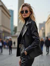 stylish and chic  woman in Buenos Aires wearing a modern street style outfit, Obelisco de Buenos Aires in the background