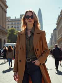 stylish and chic  woman in Buenos Aires wearing a modern street style outfit, Obelisco de Buenos Aires in the background