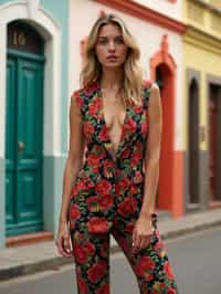 stylish and chic  woman in Buenos Aires wearing a tango-inspired dress/suit, colorful houses of La Boca neighborhood in the background