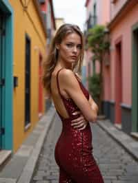 stylish and chic  woman in Buenos Aires wearing a tango-inspired dress/suit, colorful houses of La Boca neighborhood in the background