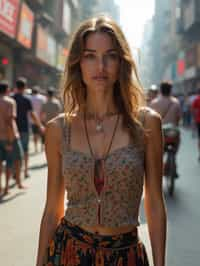 stylish and chic  woman in Mumbai wearing a contemporary fusion outfit, bustling streets of Mumbai in the background