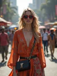 stylish and chic  woman in Mumbai wearing a contemporary fusion outfit, bustling streets of Mumbai in the background