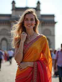 stylish and chic  woman in Mumbai wearing a vibrant saree/kurta, Gateway of India in the background