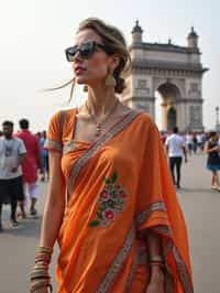 stylish and chic  woman in Mumbai wearing a vibrant saree/kurta, Gateway of India in the background