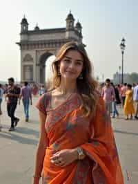 stylish and chic  woman in Mumbai wearing a vibrant saree/kurta, Gateway of India in the background