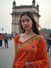 stylish and chic  woman in Mumbai wearing a vibrant saree/kurta, Gateway of India in the background