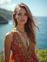 stylish and chic  woman in Bali wearing vibrant Batik clothes, Bali, Indonesia in the background