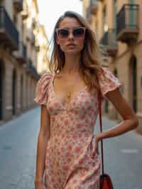 stylish and chic  woman in Barcelona wearing a stylish summer outfit, La Sagrada Família in the background