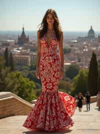 stylish and chic  woman in Barcelona wearing a flamenco-inspired dress/suit, Park Güell in the background