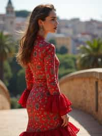 stylish and chic  woman in Barcelona wearing a flamenco-inspired dress/suit, Park Güell in the background