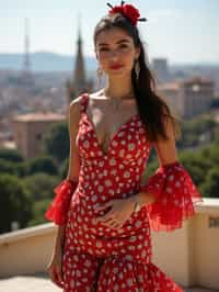 stylish and chic  woman in Barcelona wearing a flamenco-inspired dress/suit, Park Güell in the background