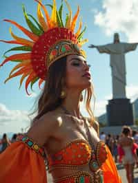 stylish and chic  woman in Rio de Janeiro wearing a vibrant carnival-inspired costume, Christ the Redeemer statue in the background