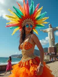 stylish and chic  woman in Rio de Janeiro wearing a vibrant carnival-inspired costume, Christ the Redeemer statue in the background